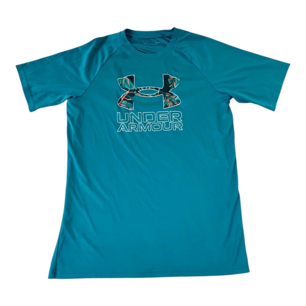 Boys L 14/16 Under Armour- Athletic Teal/Tropical Loose Fitting Short Sleeve Tee